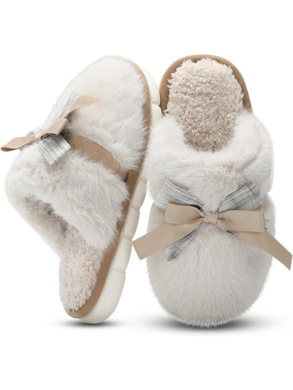 Women's Beige Memory Foam Fuzzy Plush Cozy Shoes With Bow Comfortable Slippers